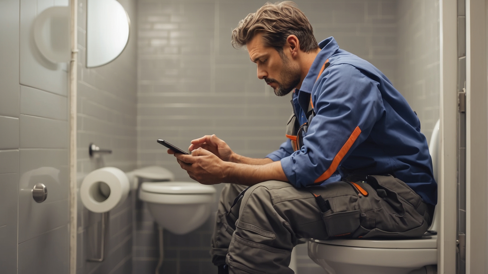 Smartphone Unterweisung - Arbeiter mit Handy auf Toilette