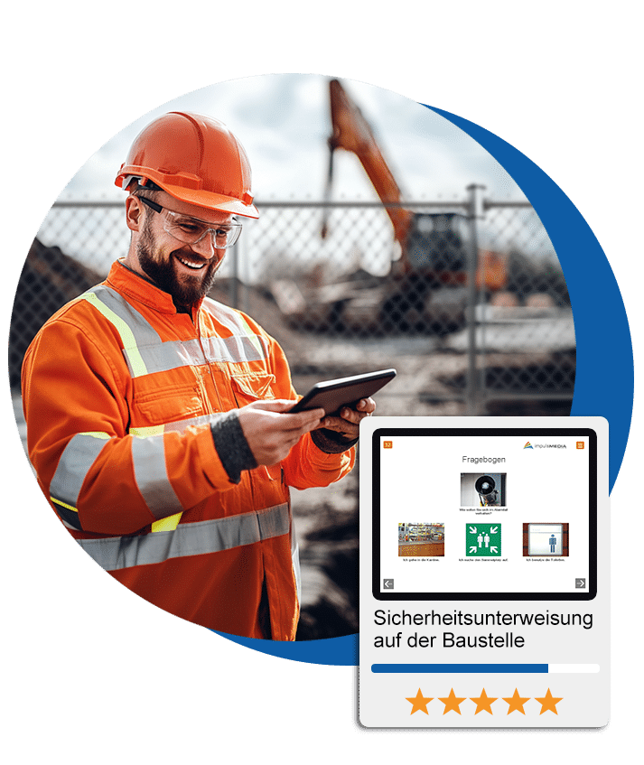 Digitale Unterweisungsinhalte: Baustellenmitarbeiter der eine Sicherheitsunterweisung macht bevor er das Gelände betritt.