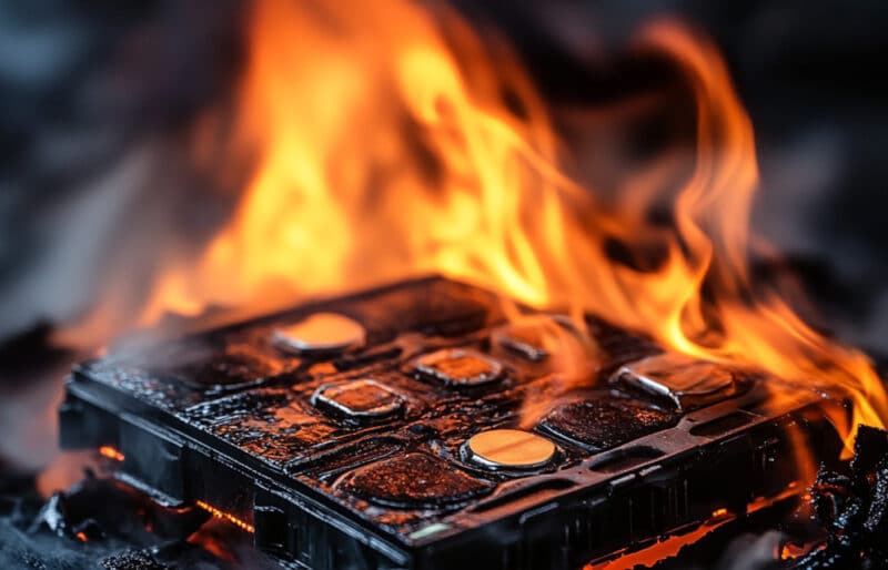 Akku Batterie die brennt in einer Müllverbrennungsanlage