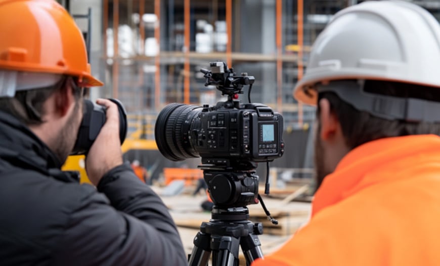 Ein Kameramann und Fotograf auf einer Baustelle