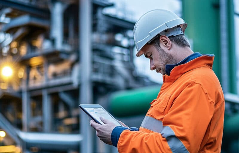 Müllverbrennungsanlage Mitarbeiter Fremdfirmenmitarbeiter der eine Sicherheitsunterweisung mobil am Tablet machen.